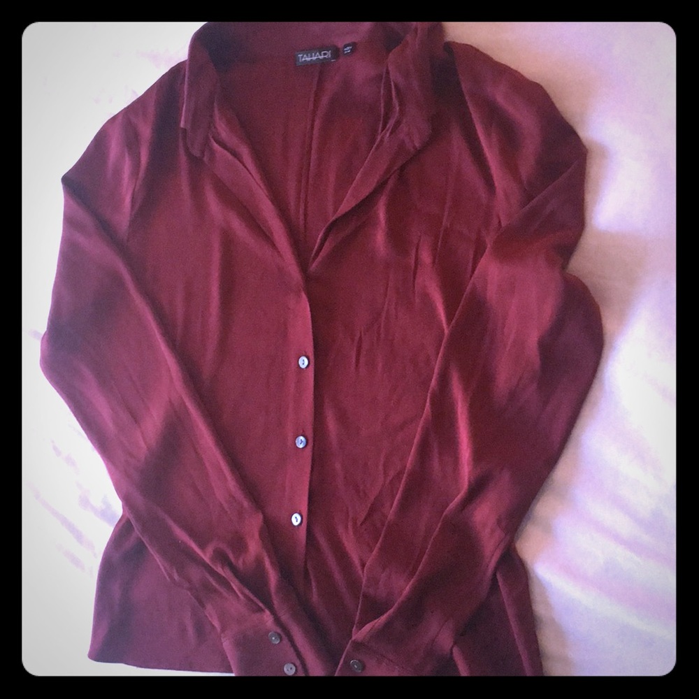 Burgundy silk Tahari professional blouse.